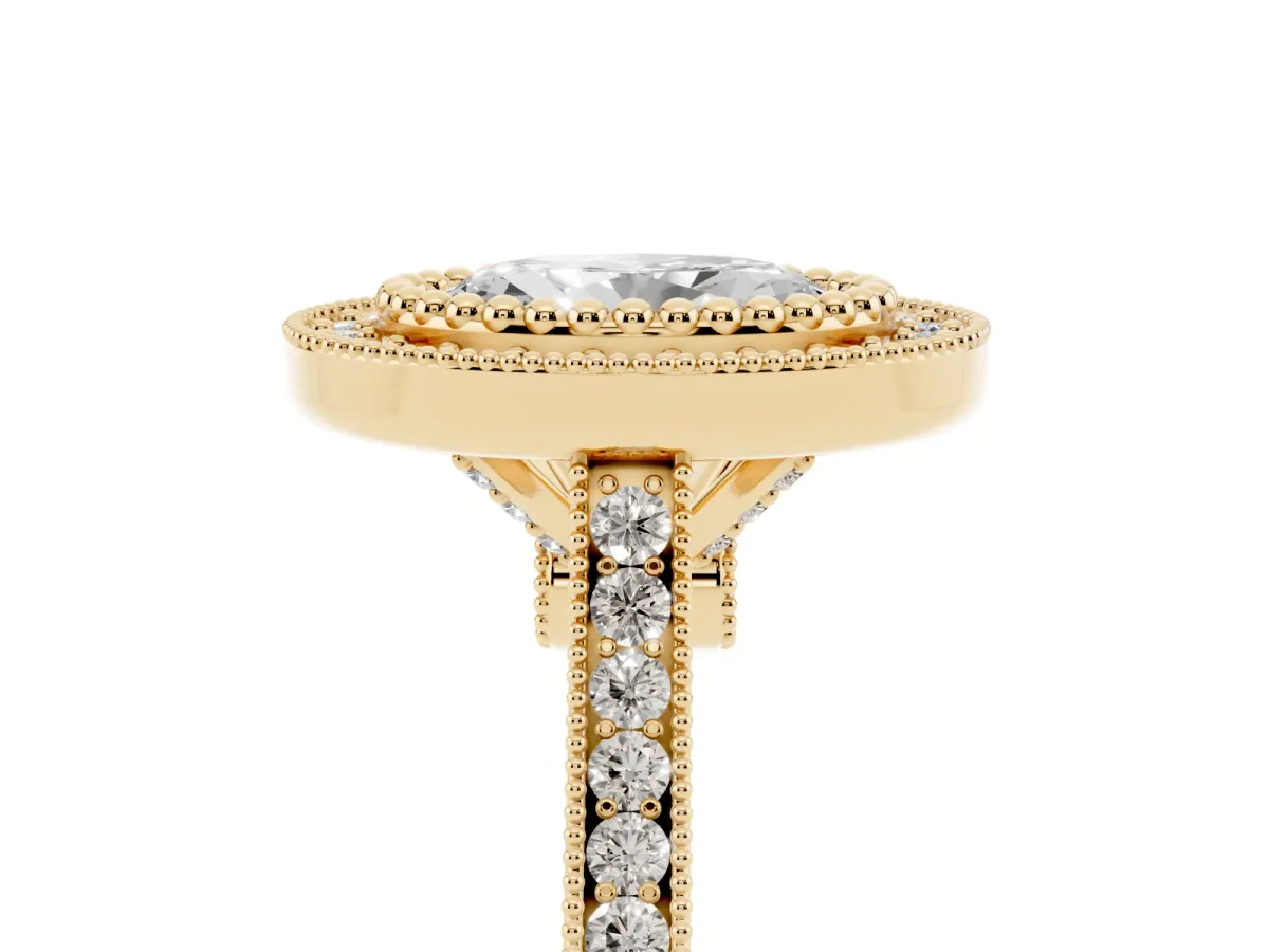 Oval Cut Diamond Halo Ring with Milgrain Frame and Pavé Band Yellow gold