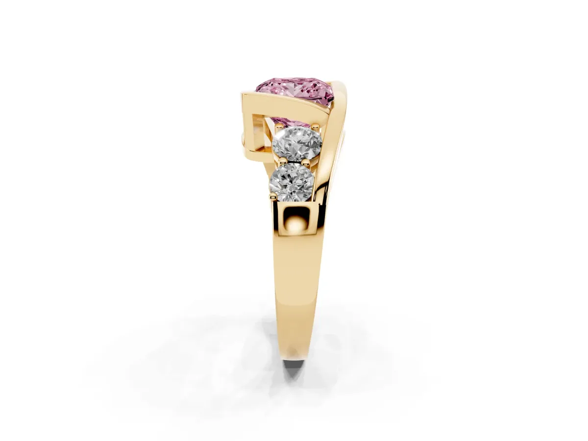 Fancy Pink Bezel Set Princess Cut Diamond Bypass Ring with Round Accents Yellow gold