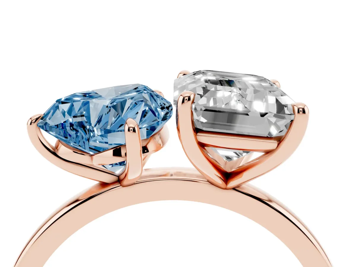 Fancy Blue Heart Cut and Emerald Cut Toi Moi Ring with Prong Setting Rose gold