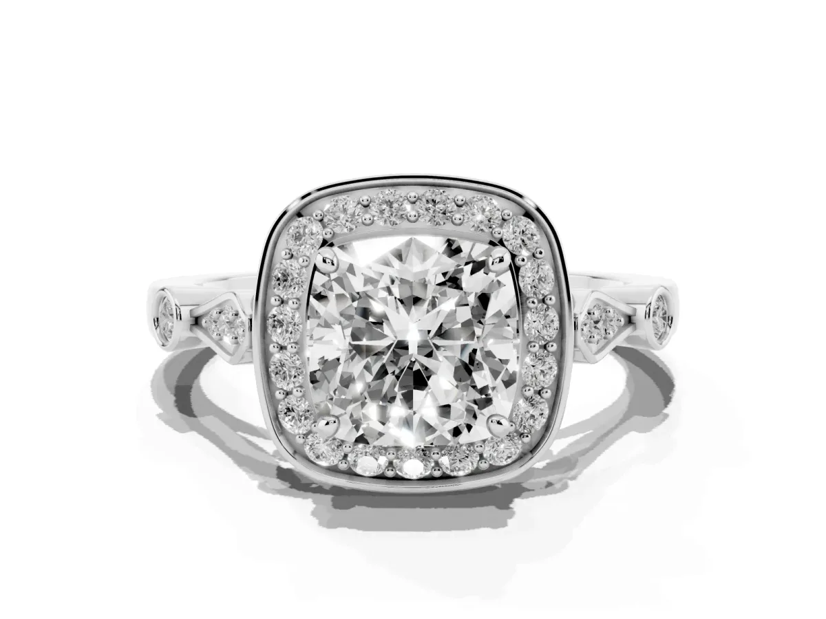 Cushion Cut Halo Diamond Engagement Ring with Twisted Band and Four-Prong Setting Silver