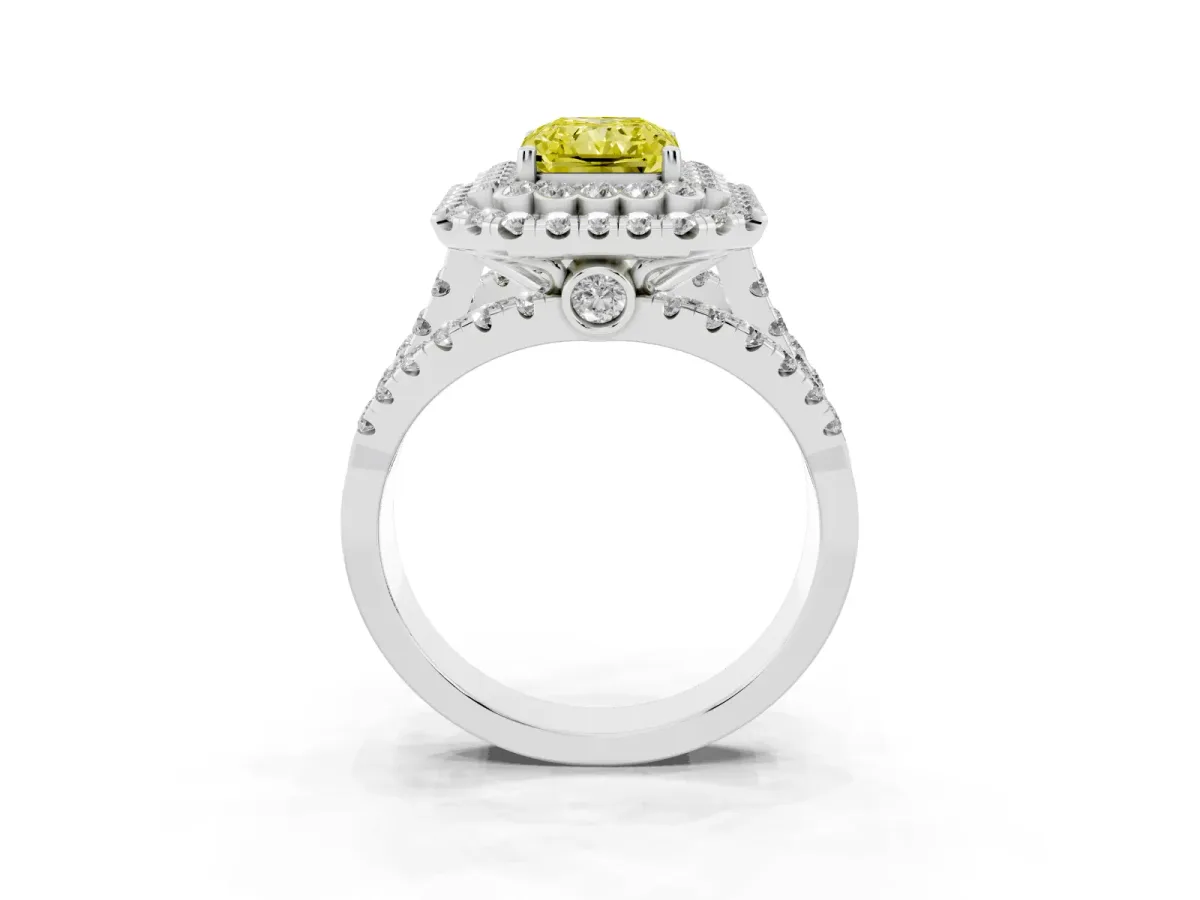 Fancy Yellow Radiant Cut Diamond Double Halo Ring with Round Pavé Split Shank and Prong Setting Silver