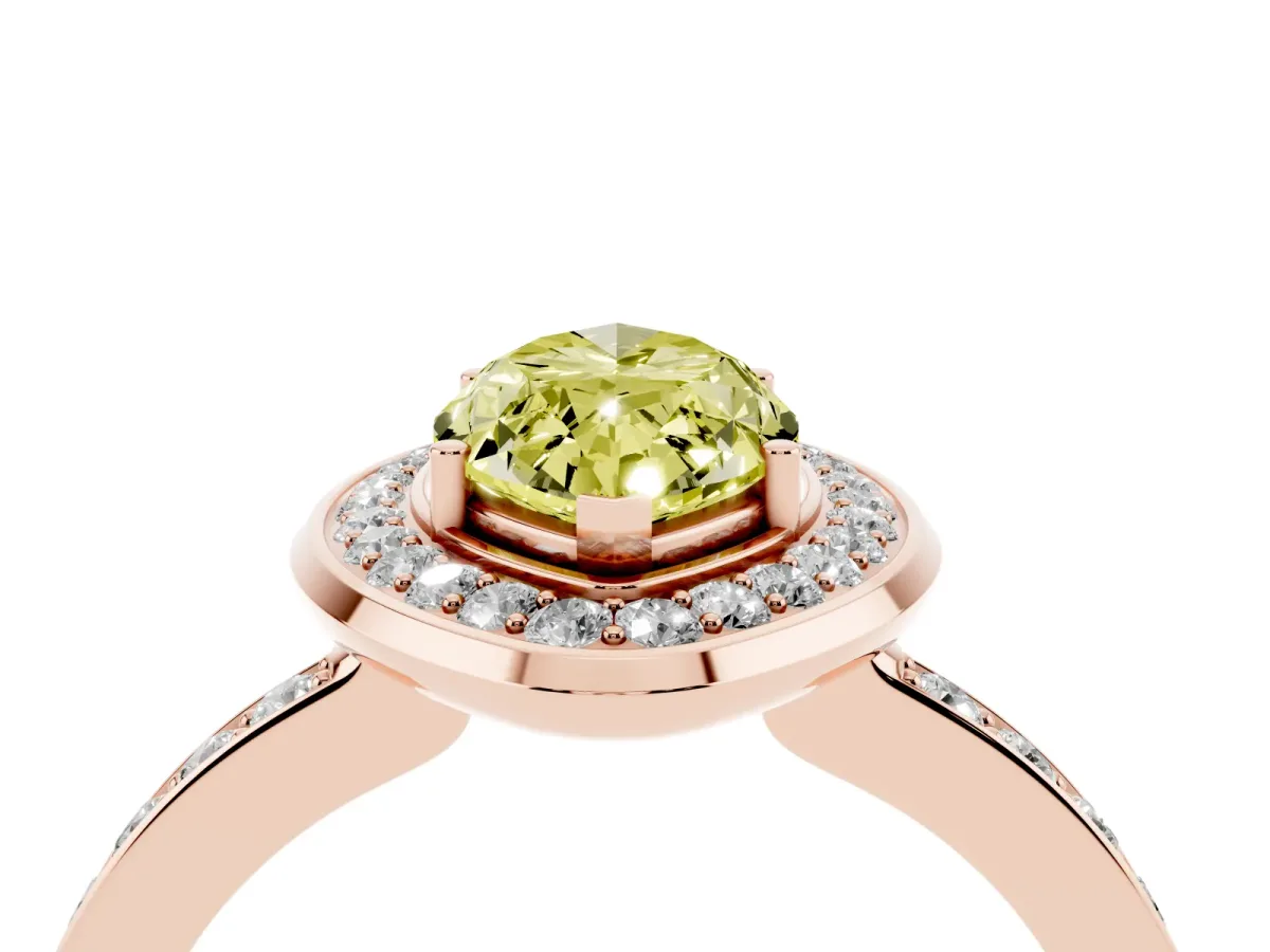 Fancy Yellow Marquise Cut Diamond Halo Ring with Bezel Frame and Pavé Band Rose gold