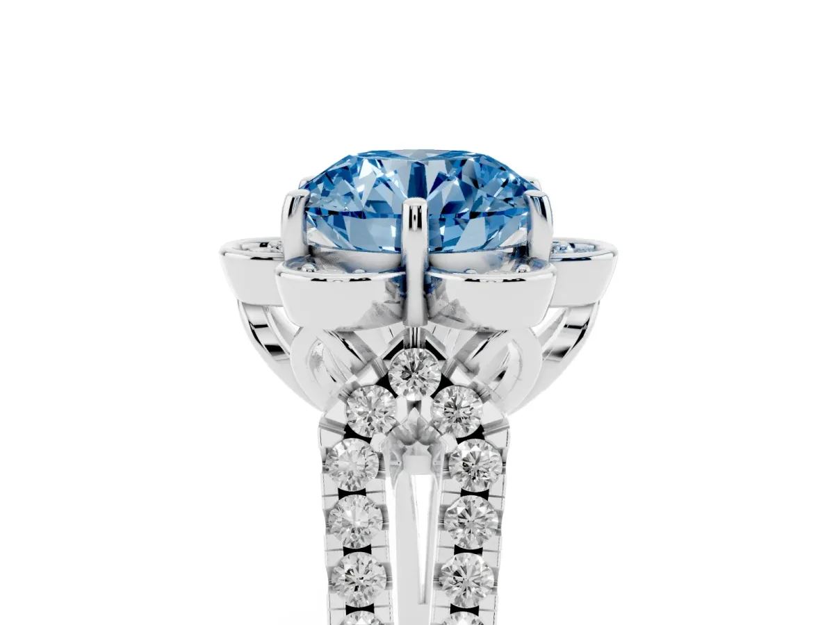 Fancy Blue Round Cut Halo Diamond Floral Split Shank Engagement Ring Silver