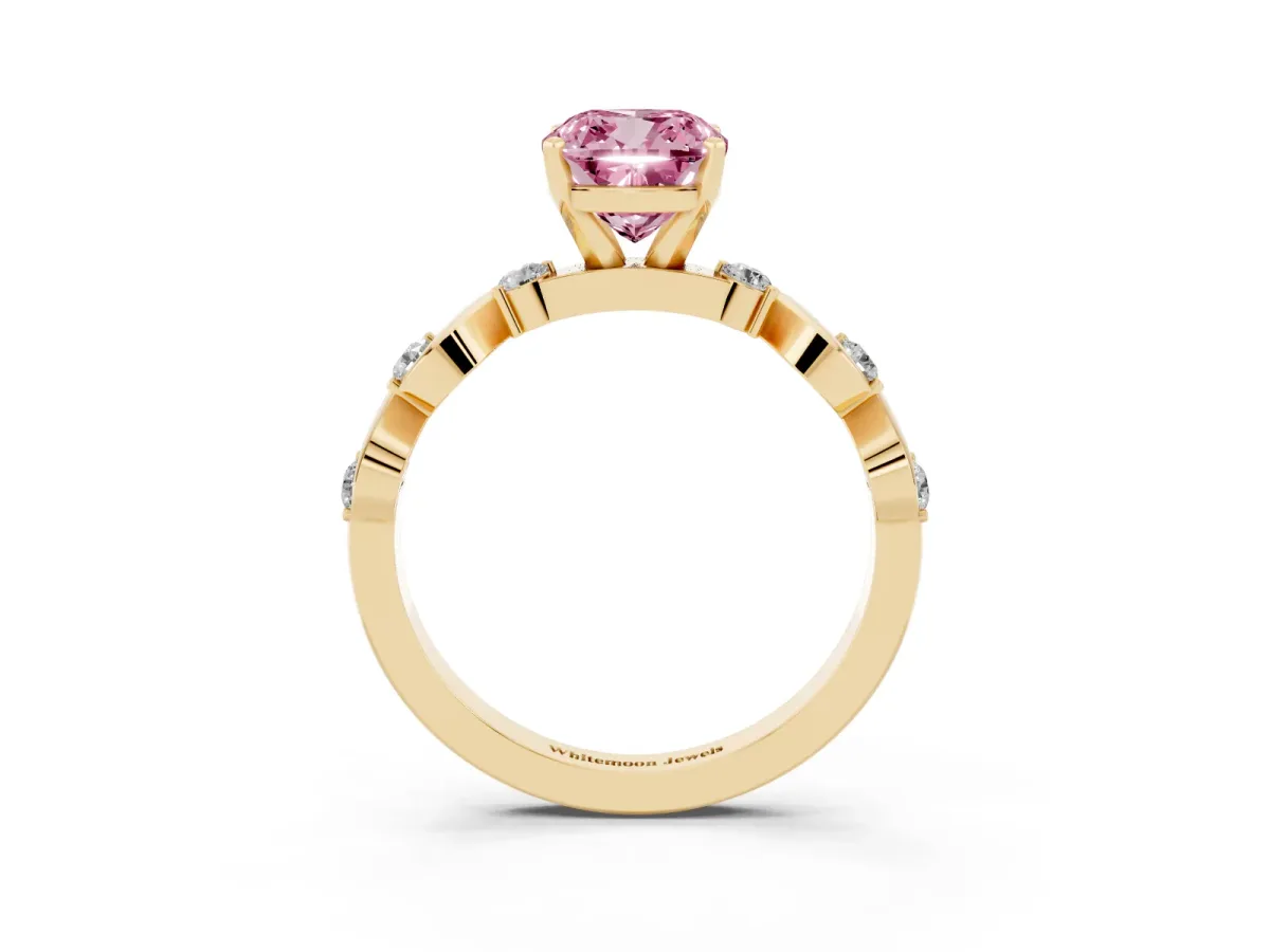 Fancy Pink Cushion Cut Diamond Solitaire Twisted Band with Round Accents and Prong Setting Yellow gold