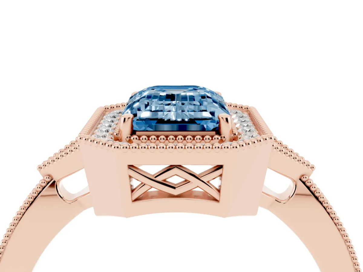Fancy Blue Emerald Cut Halo Round Diamond Milgrain Pave Engagement Ring Rose gold