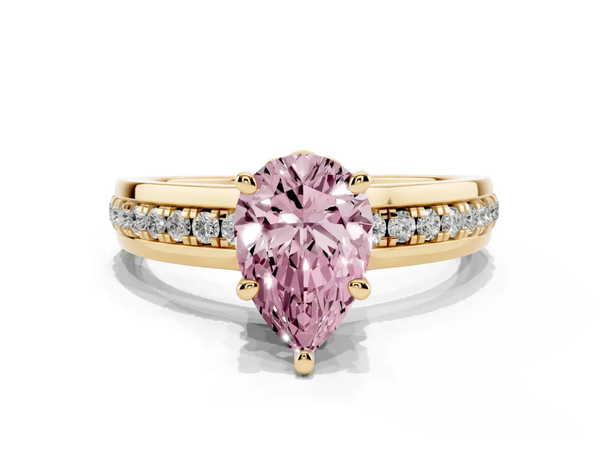 Fancy Pink Pear Cut Solitaire Diamond Ring with Channel Set Band and Six-Prong Setting Yellow gold