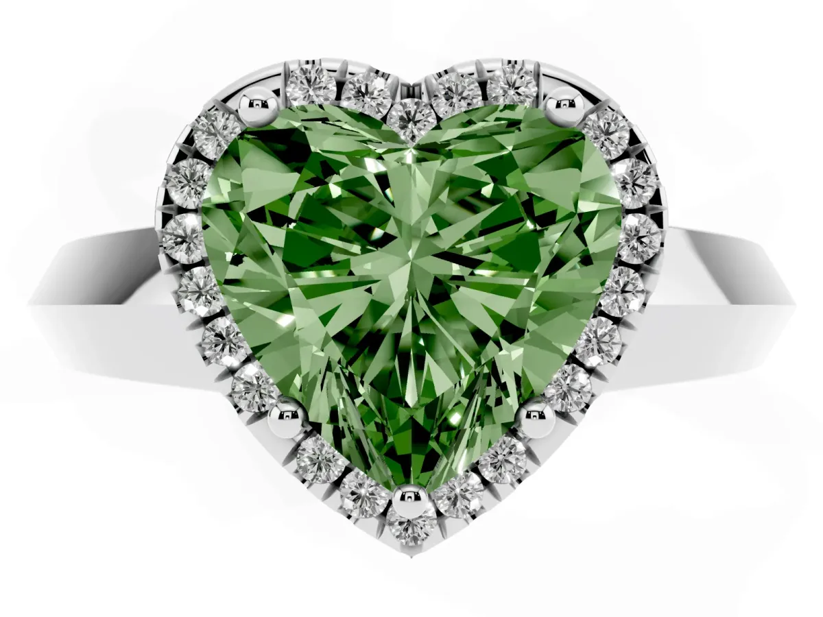 Fancy Green Heart Cut Halo Diamond Ring with Cathedral Band and Four-Prong Setting White gold