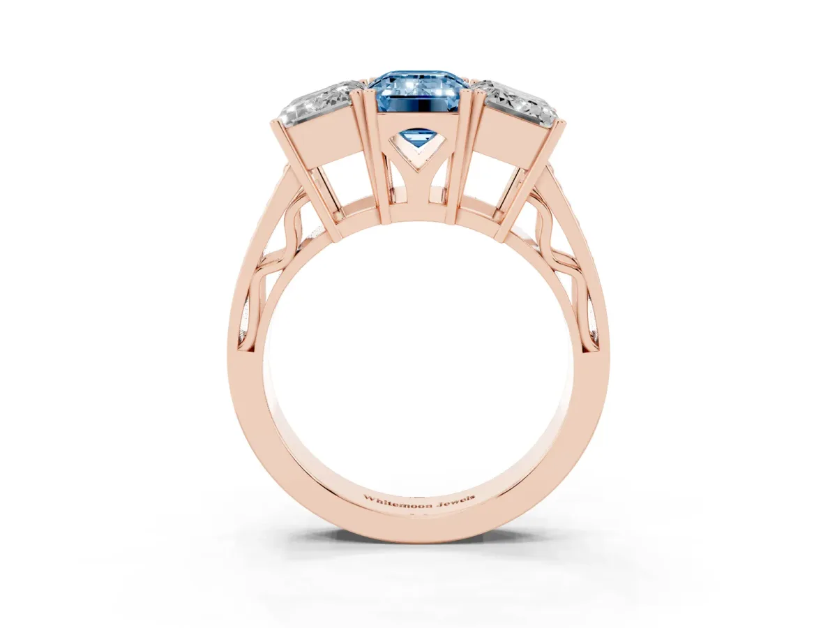 Fancy Blue Emerald Cut Diamond Three-Stone Ring with Prong Setting and Textured Band Rose gold