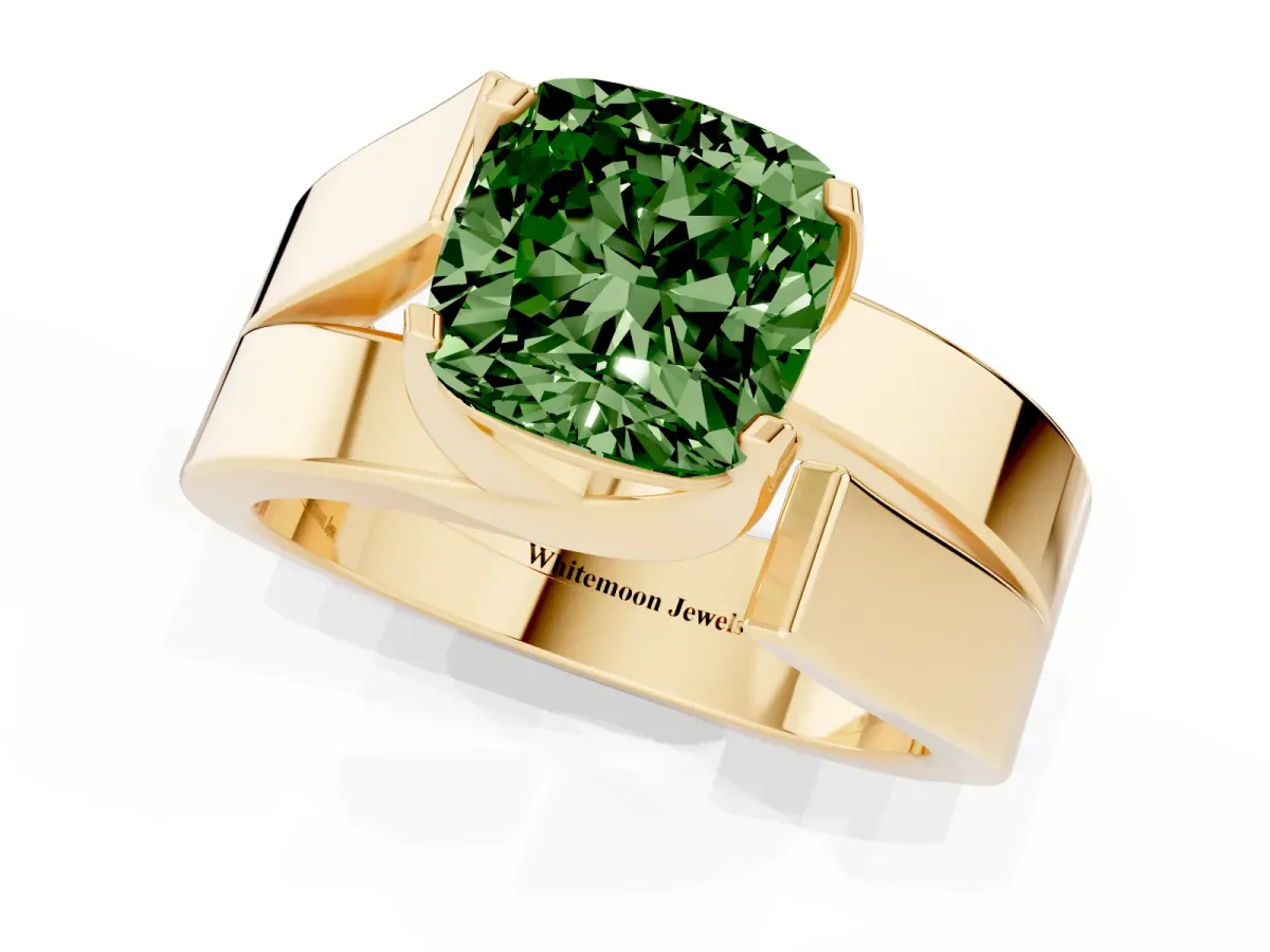 Fancy Green Modern Tension Set Cushion Cut Diamond Solitaire Wide Band Ring Yellow gold
