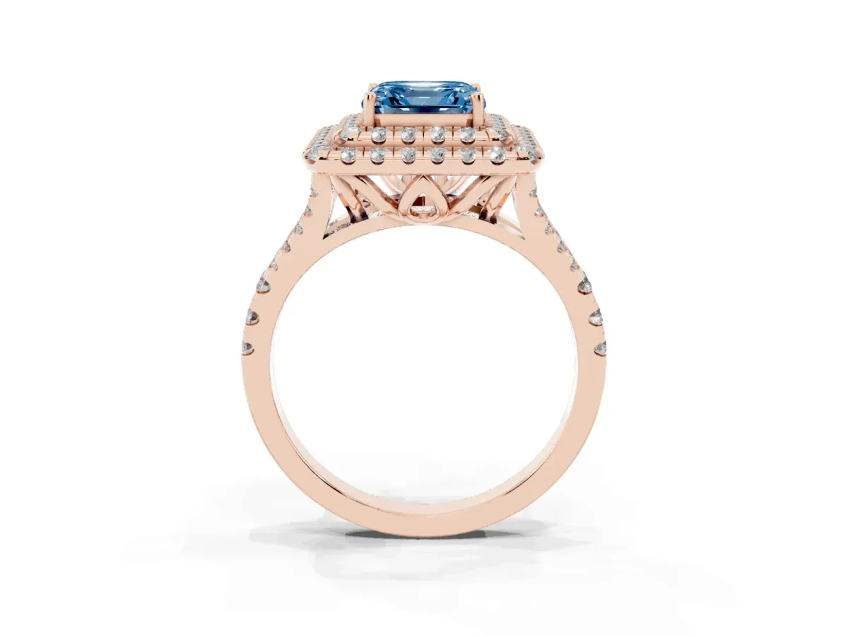 Fancy Blue Double Halo Asscher Cut Diamond Pavé Split Shank Ring with Prong Setting Rose gold