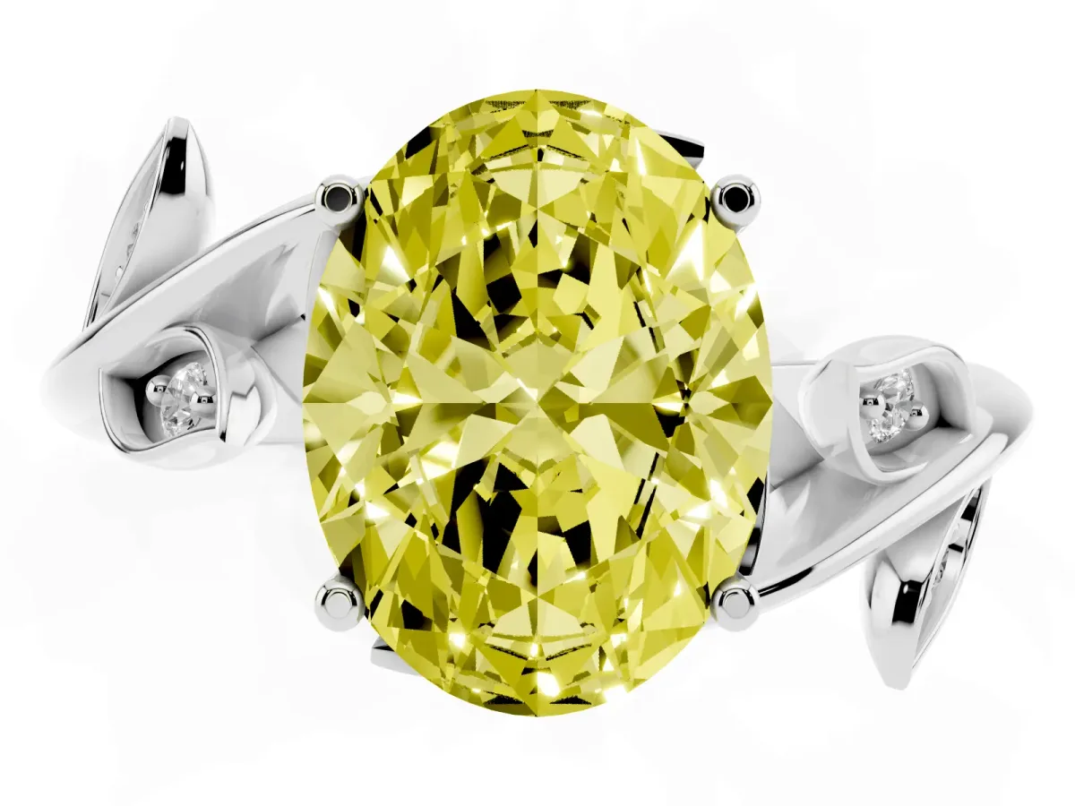 Fancy Yellow Oval Cut Solitaire Twist Engagement Ring with Leaf Accents and Prong Setting Silver