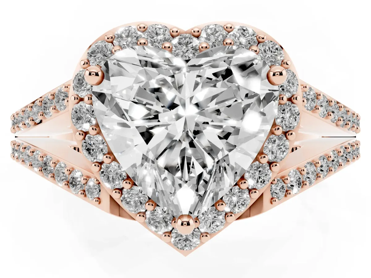 Heart Cut Halo Split Shank Pave Diamond Ring with Four-Prong Setting Rose gold