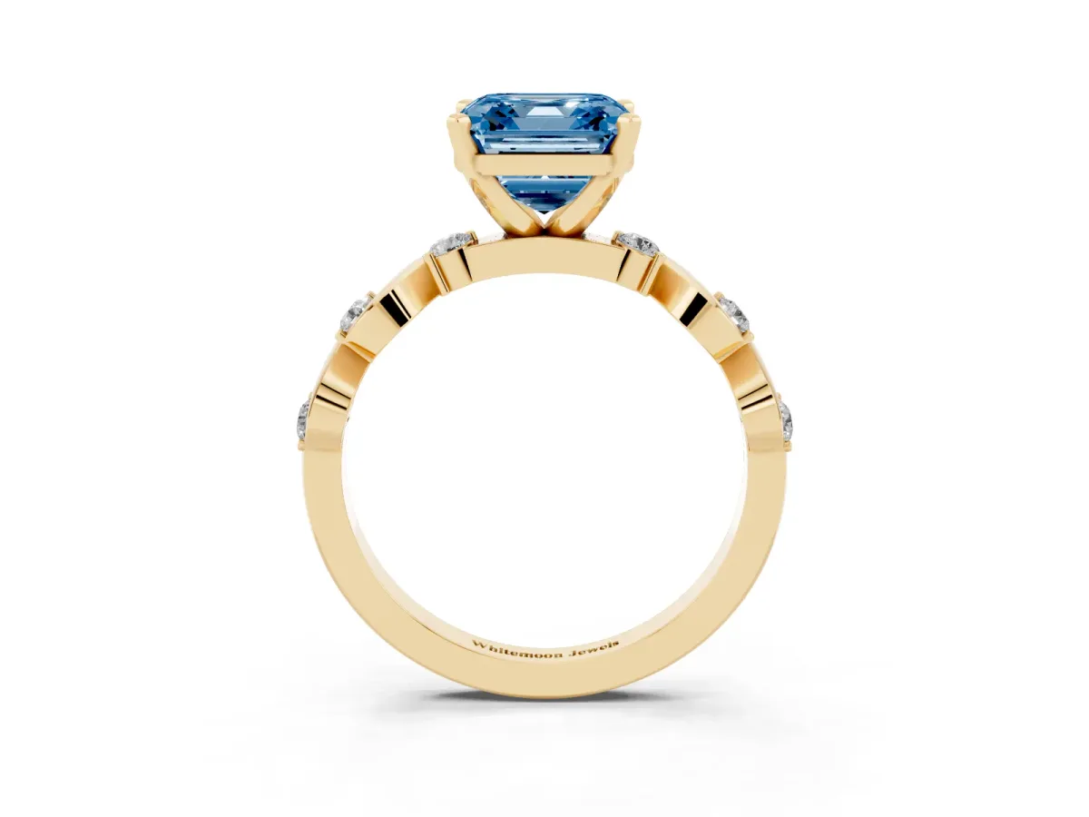 Fancy Blue Asscher Cut Diamond Solitaire Twisted Band with Round Accents and Prong Setting Yellow gold