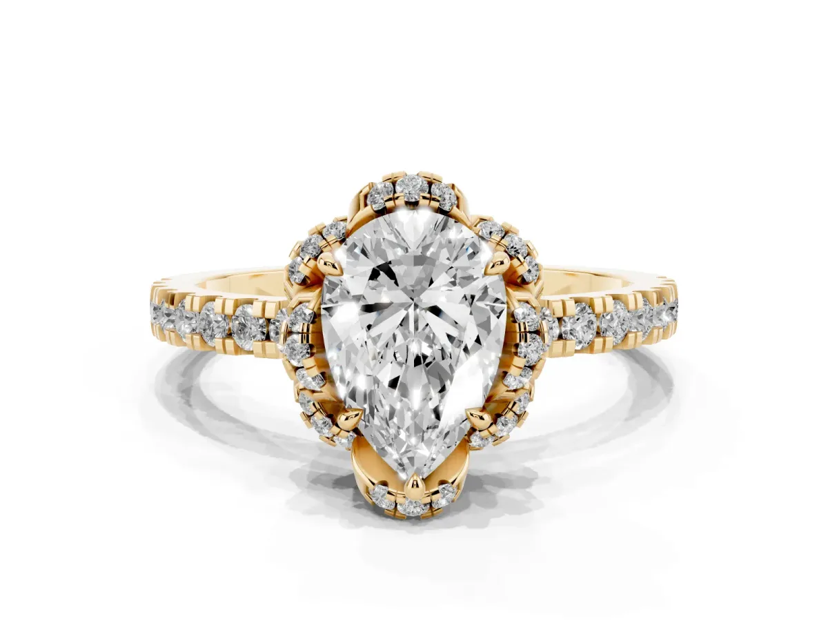 Pear Cut Diamond Halo Pave Band with Four-Prong Setting Yellow gold