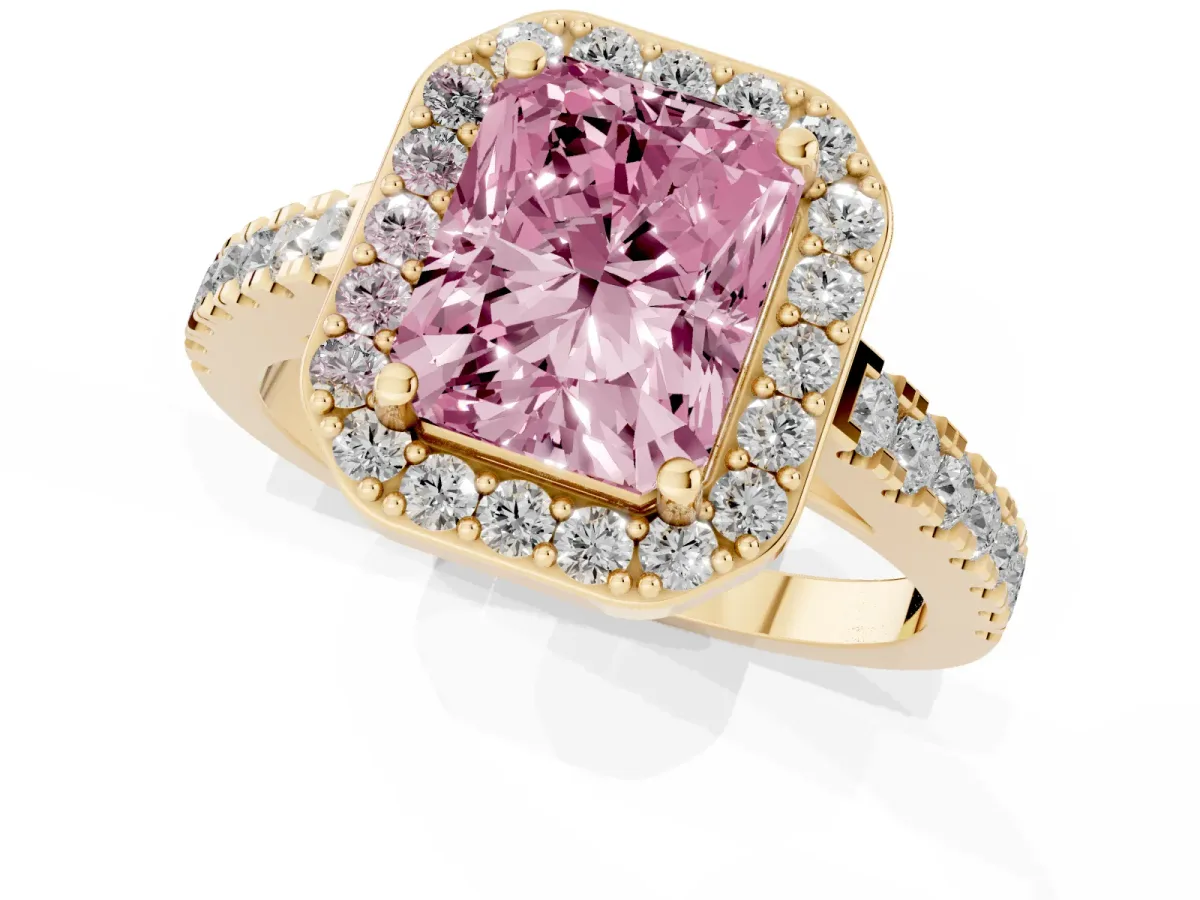 Fancy Pink Radiant Cut Diamond Halo Ring with Round Pavé Split Shank and Prong Setting Yellow gold