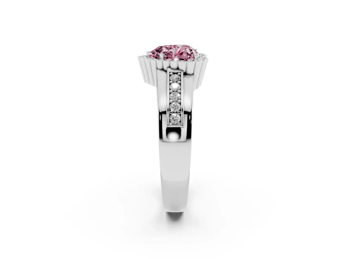 Fancy Pink Heart Cut Cut Halo Pave Band Four-Prong Ring Silver