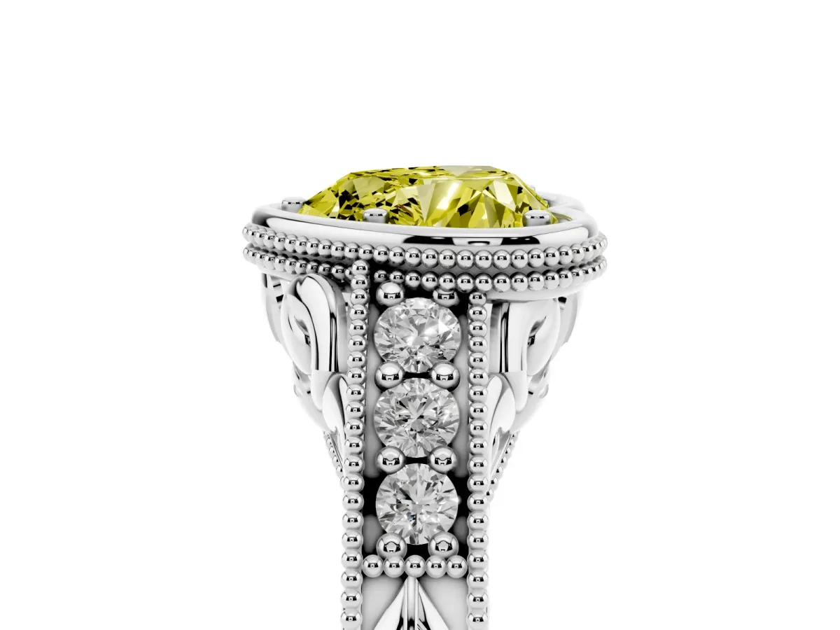 Fancy Yellow Bezel Set Heart Cut Diamond Milgrain Pave Engagement Ring Silver