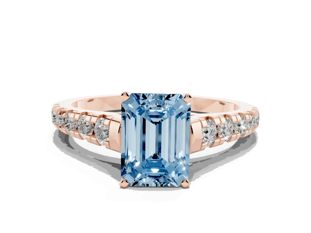 Fancy Blue Emerald Cut Diamond Cathedral Solitaire Ring with Round Pavé Band Rose gold