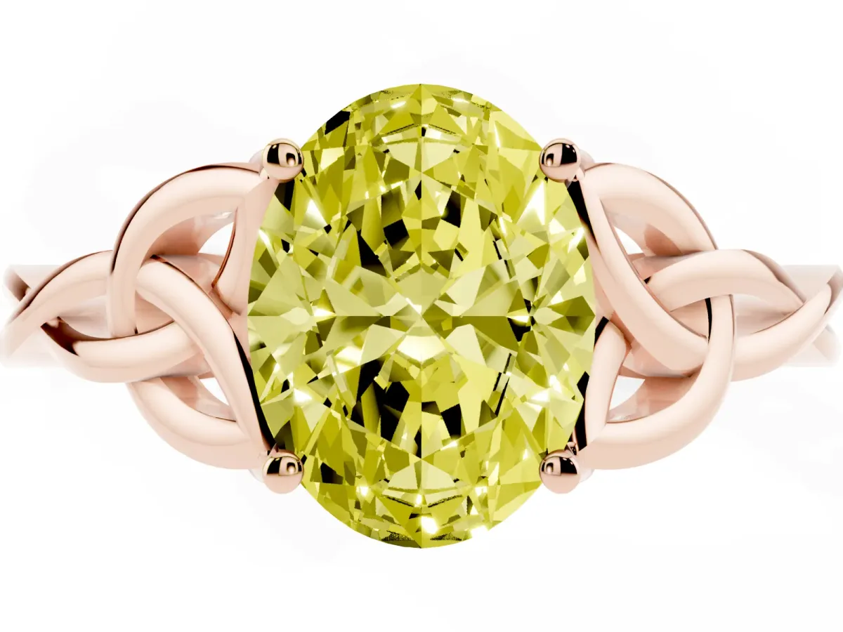 Fancy Yellow Oval Cut Diamond Solitaire Engagement Ring with Celtic Knot Band and Four-Prong Setting Rose gold