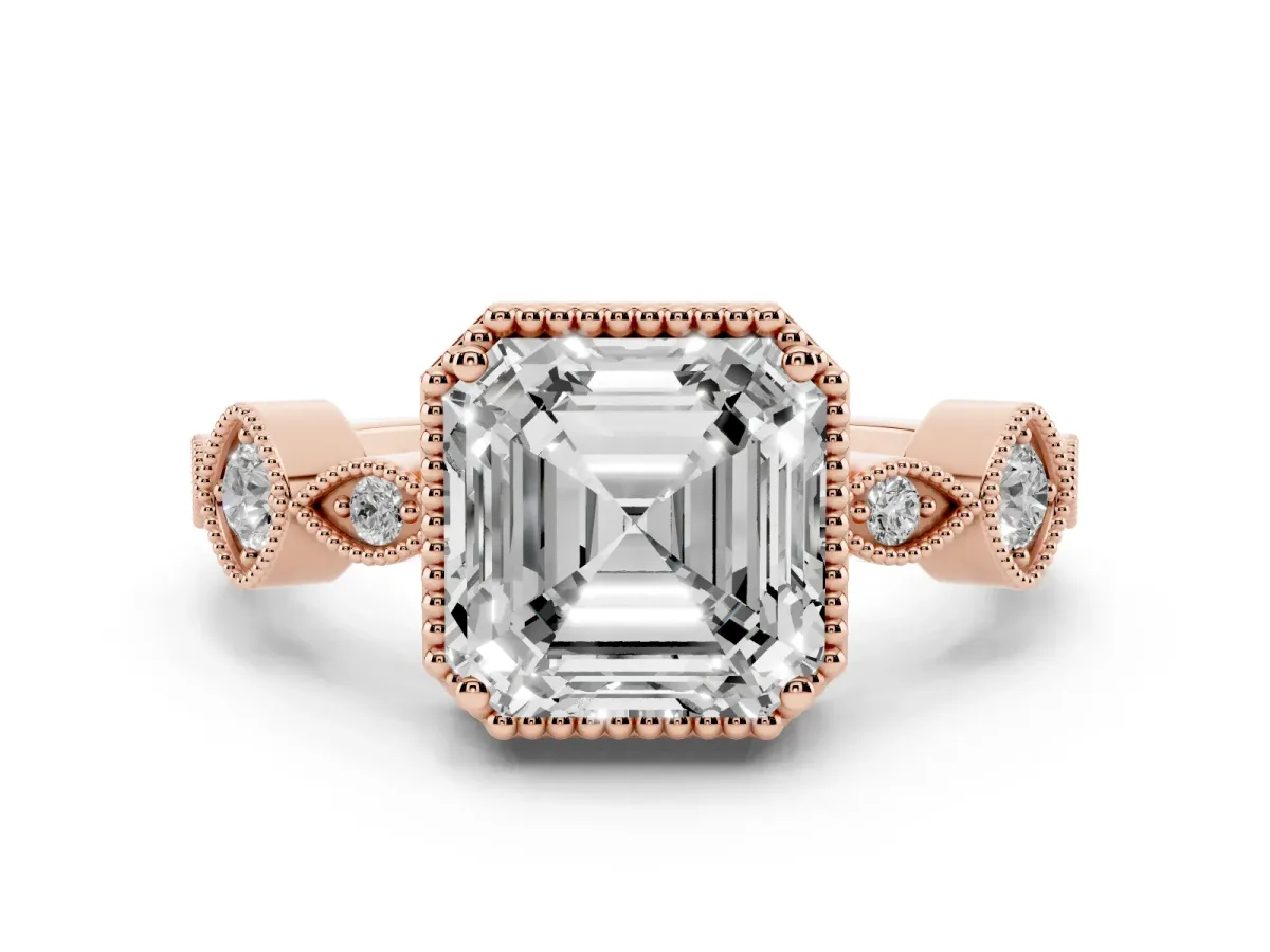 Asscher Cut Diamond Vintage Milgrain Ring with Round Stations Rose gold