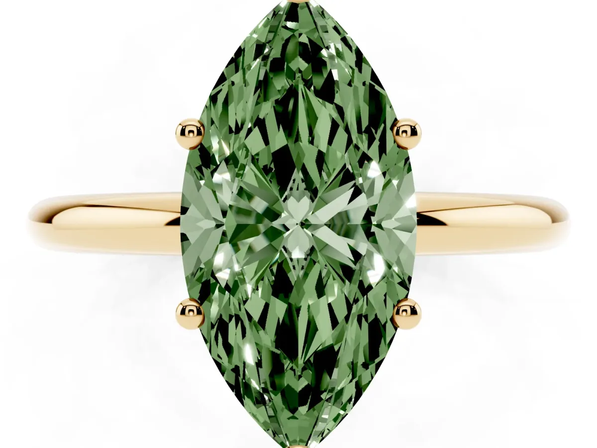 Fancy Green Marquise Cut Cut Solitaire Engagement Ring with Four-Prong Setting and Classic Band Yellow gold