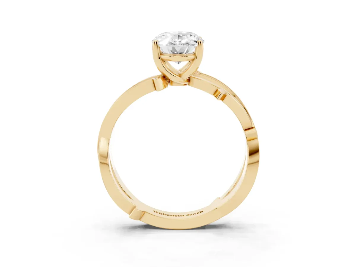 Oval Cut Solitaire Twist Band with Pavé Accents and Four-Prong Setting Yellow gold