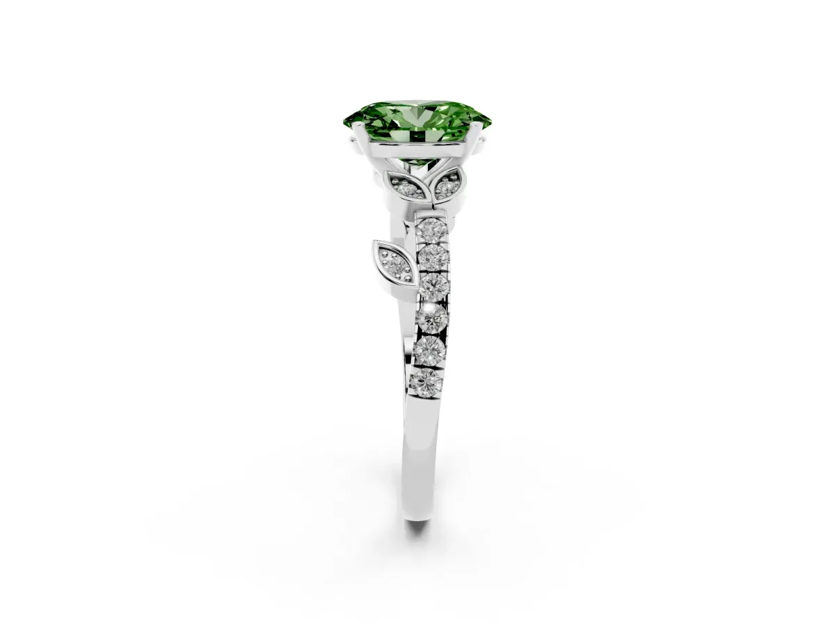 Fancy Green Oval Cut Solitaire Leaf-Inspired Diamond Ring with Pavé Band and Four-Prong Setting Silver