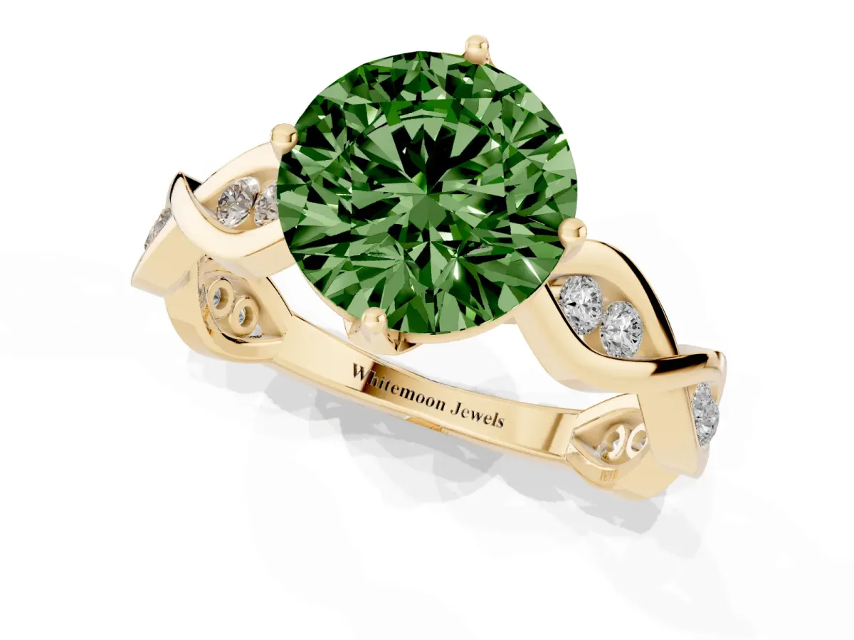 Fancy Green Round Cut Solitaire Twist Band with Leaf Prong Setting Yellow gold