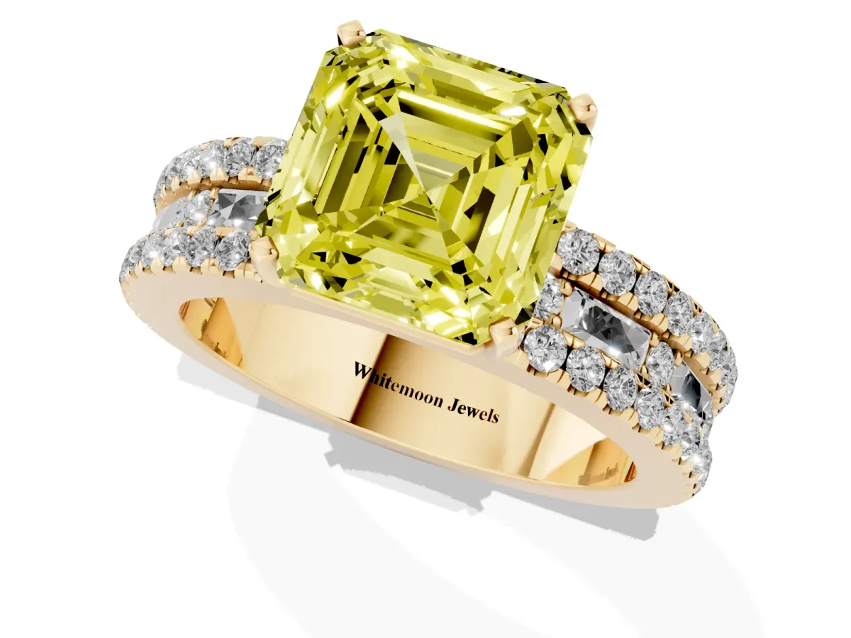 Fancy Yellow Asscher Cut Diamond Solitaire Ring with Pavé and Channel Set Band Yellow gold