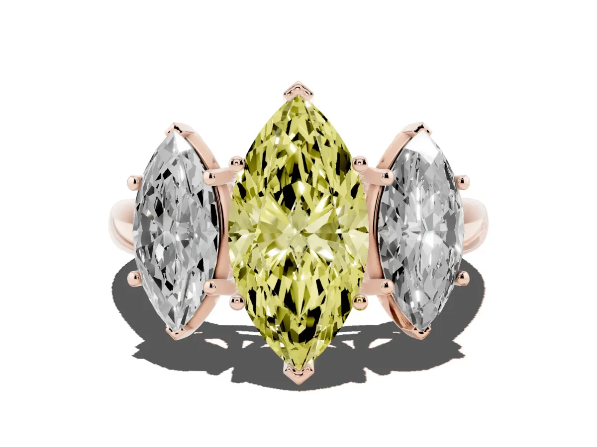 Fancy Yellow Three-Stone Marquise Cut Diamond Engagement Ring with Prong Setting Rose gold