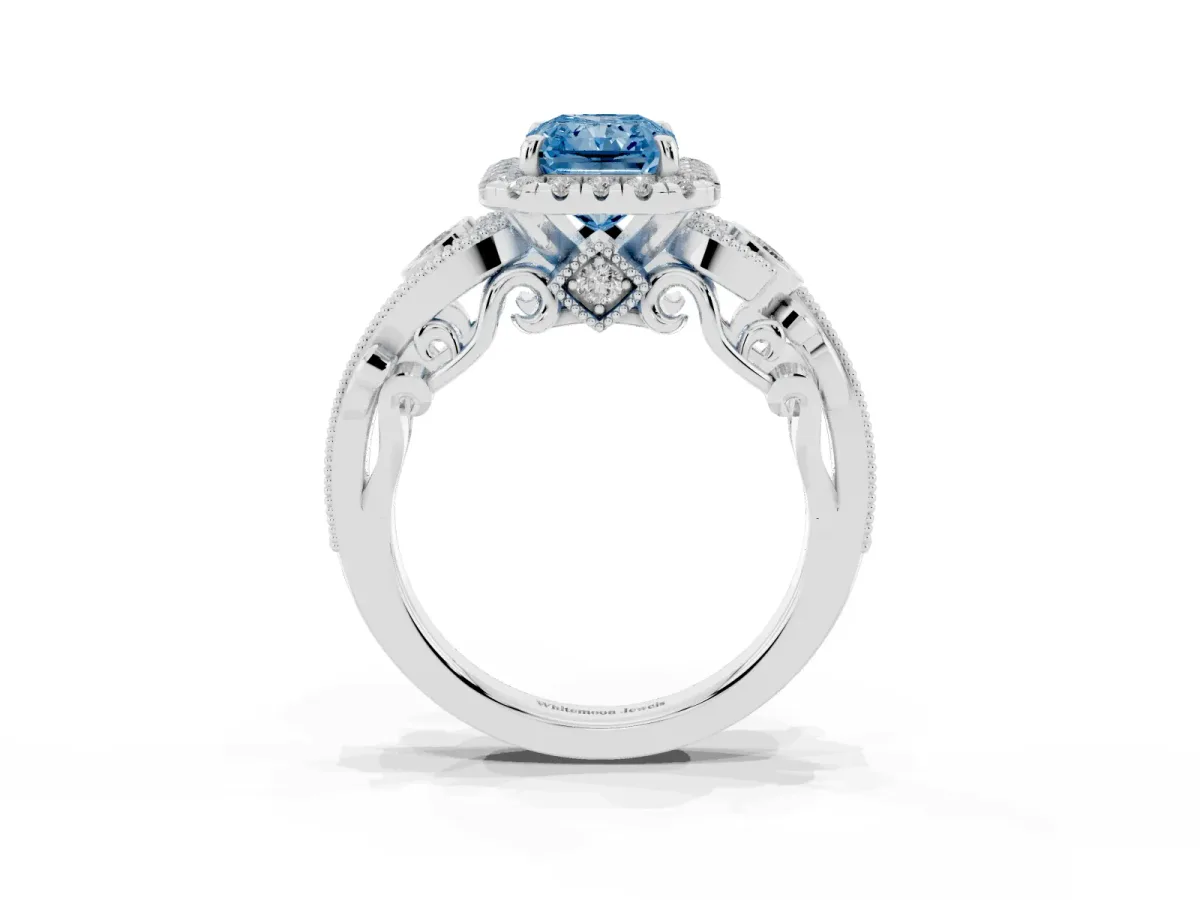 Fancy Blue Radiant Cut Diamond Halo Ring with Milgrain Pavé Band and Four-Prong Setting Silver