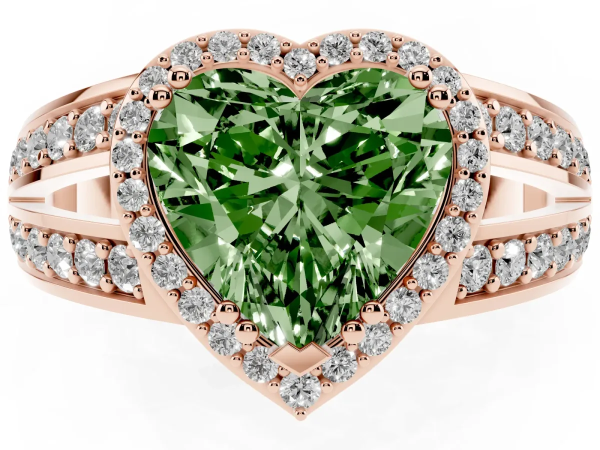 Fancy Green Heart Cut Diamond Halo Ring with Split Shank Pavé Band and Four-Prong Setting Rose gold