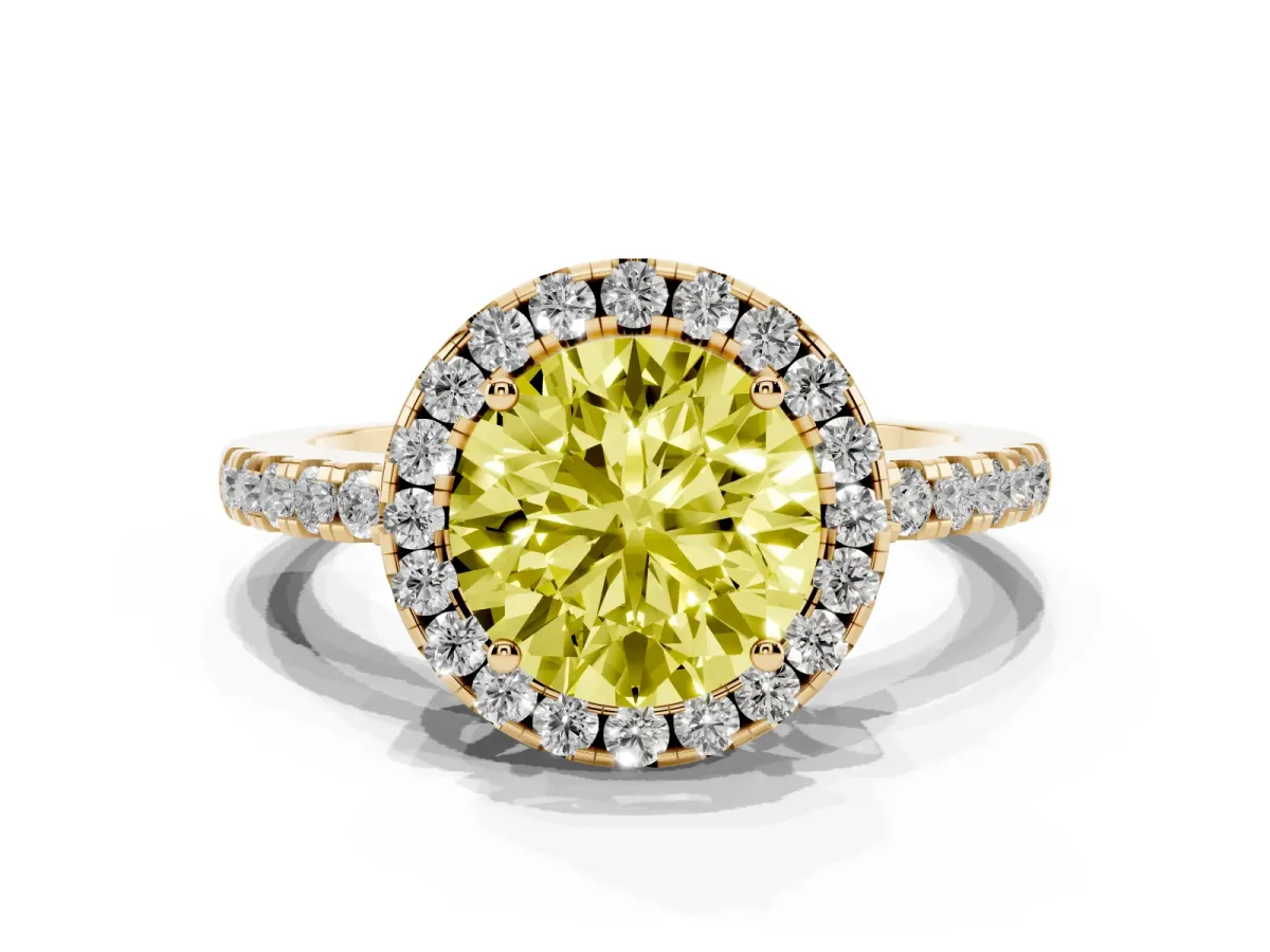 Fancy Yellow Round Cut Halo Diamond Engagement Ring with Pavé Band and Four-Prong Setting Yellow gold