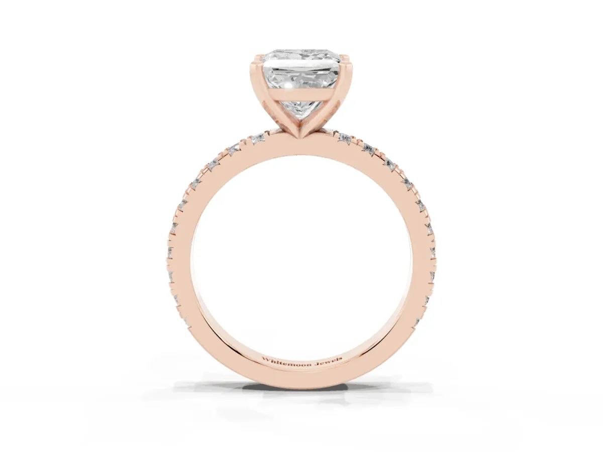 Princess Cut Diamond Pavé Band Solitaire with Four-Prong Setting Rose gold
