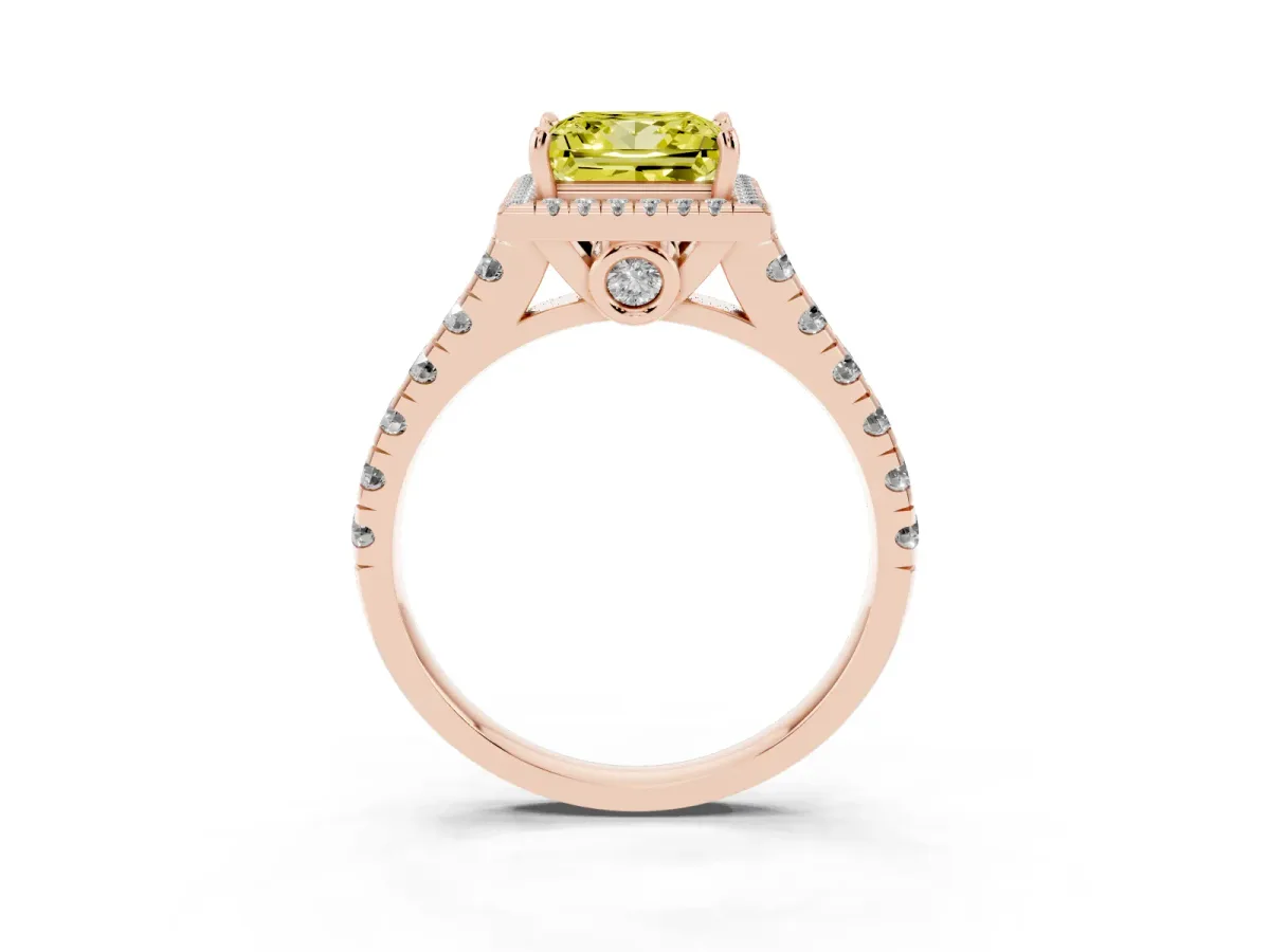 Fancy Yellow Princess Cut Halo Pavé Diamond Engagement Ring with Four-Prong Setting Rose gold