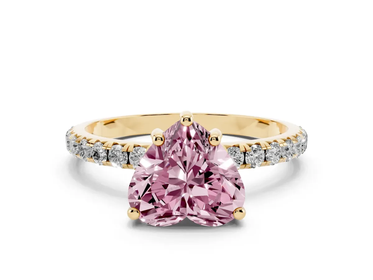 Fancy Pink Heart Cut Cut Diamond Solitaire Ring with Micro Pave Band and Four Prong Setting Yellow gold