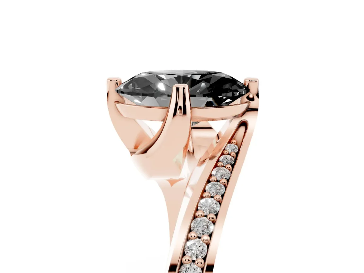 Fancy Black Oval Cut Solitaire Diamond Twist Band with Pavé Setting and Four-Prong Setting Rose gold