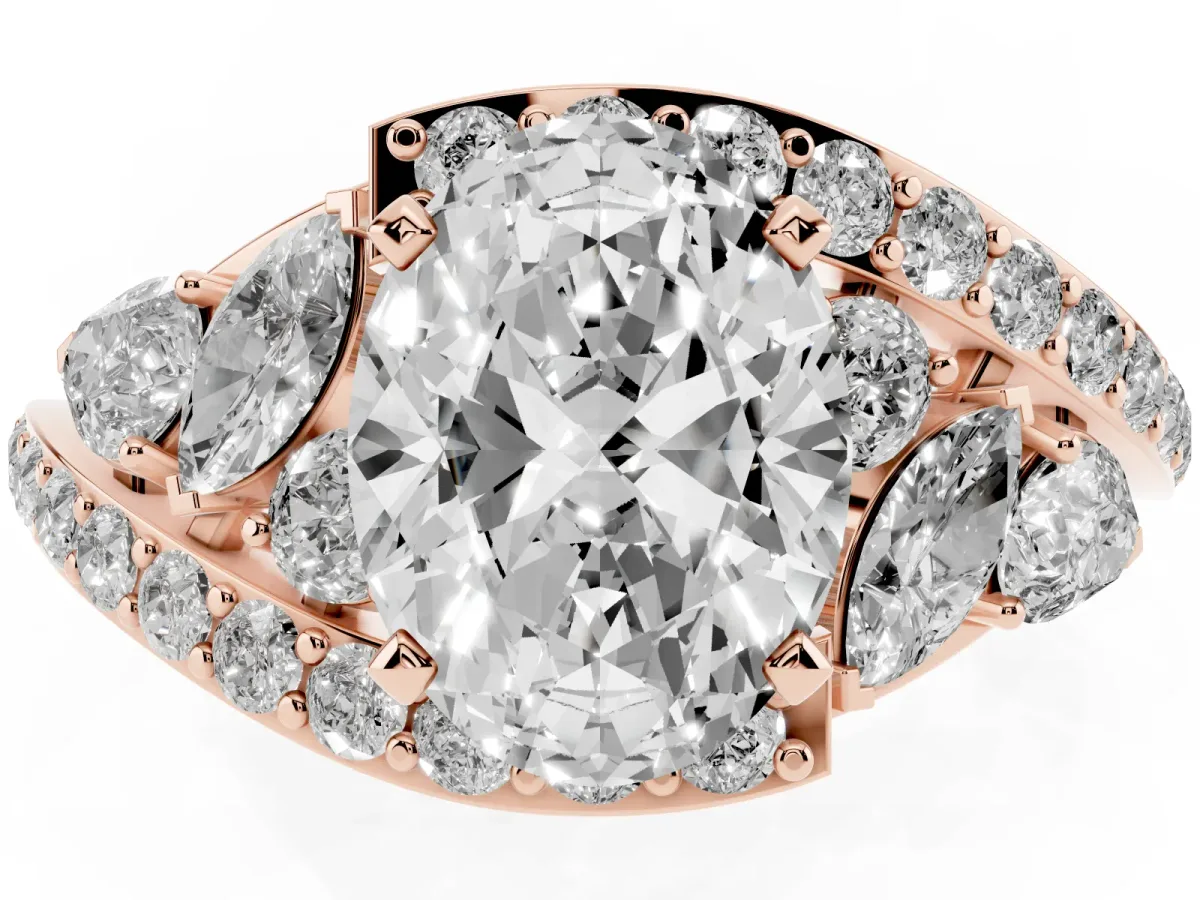 Oval Cut Diamond Halo Ring with Marquise and Pavé Band in Prong Setting Rose gold