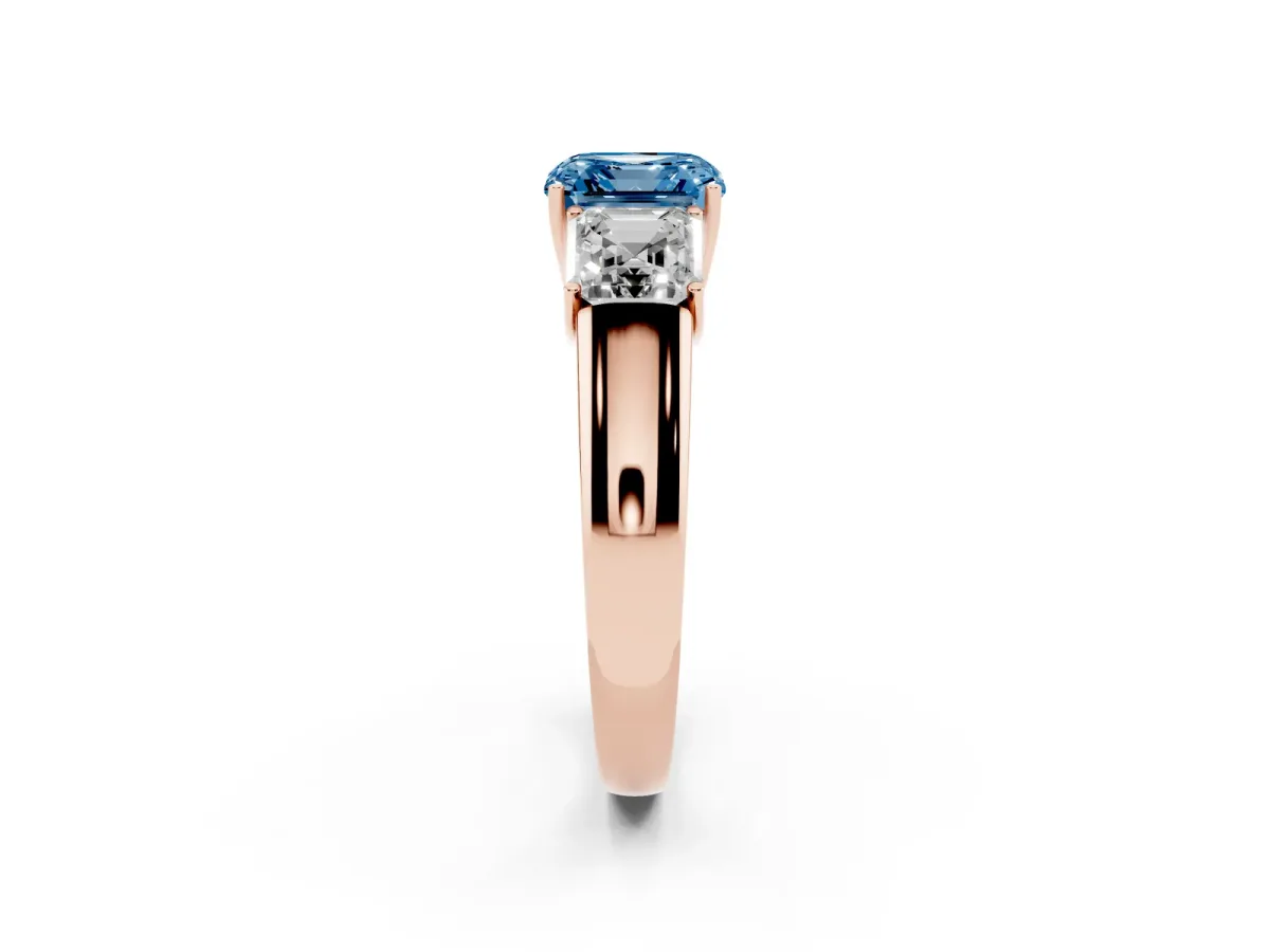Fancy Blue Three-Stone Asscher Cut Cut Diamond Ring with Prong Setting and Classic Band Rose gold