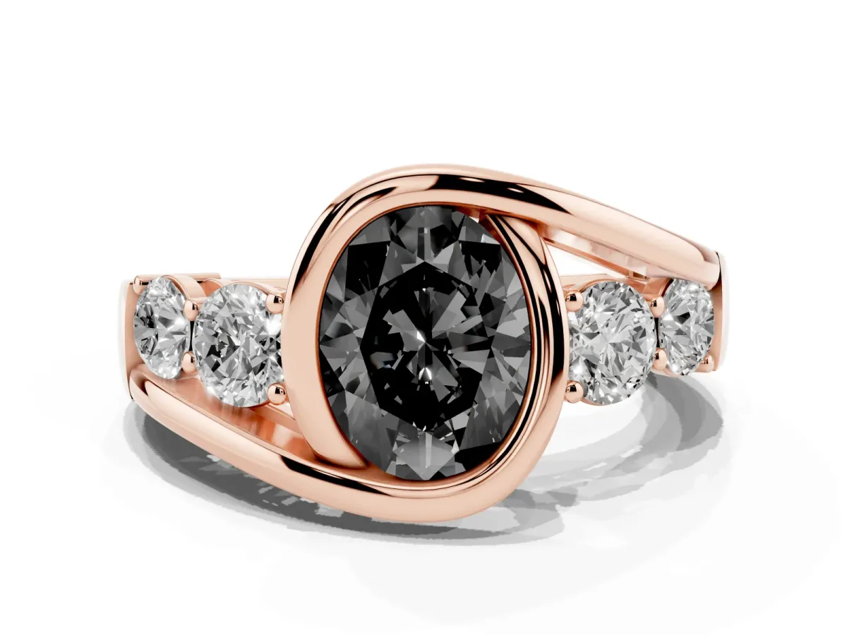 Fancy Black Bezel Set Oval Cut Diamond Bypass Ring with Round Accents Rose gold