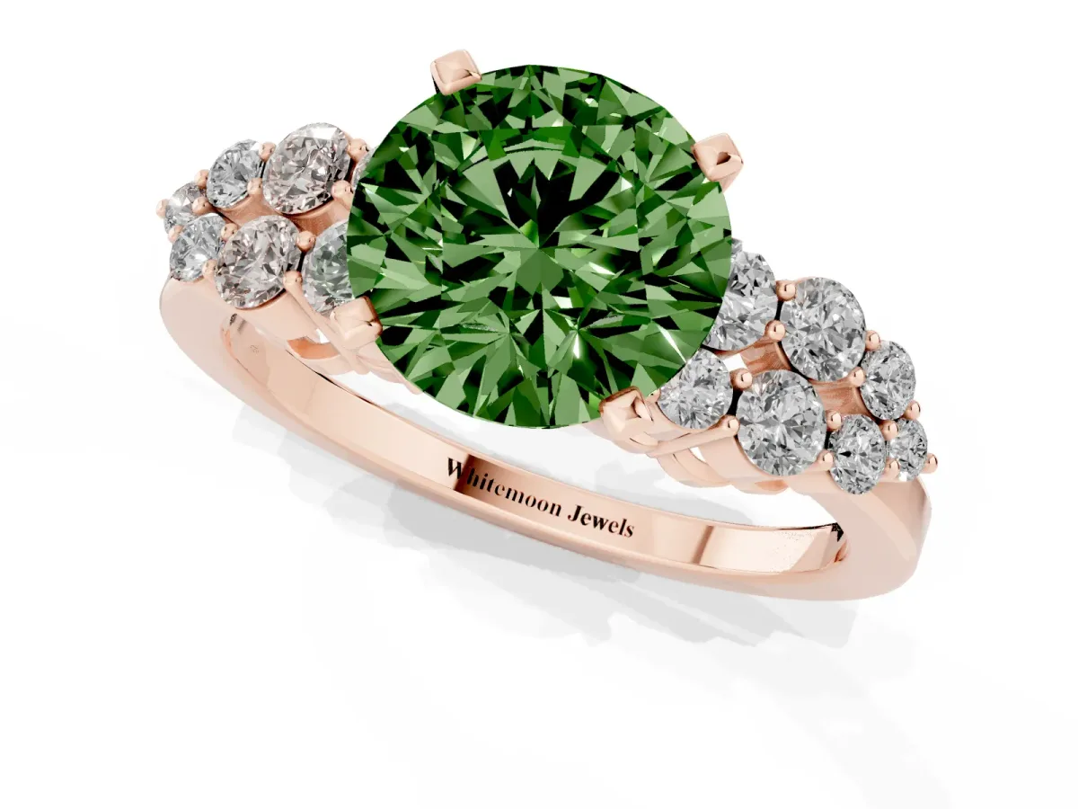 Fancy Green Round Cut Cluster Diamond Engagement Ring with Pavé Band and Four-Prong Setting Rose gold