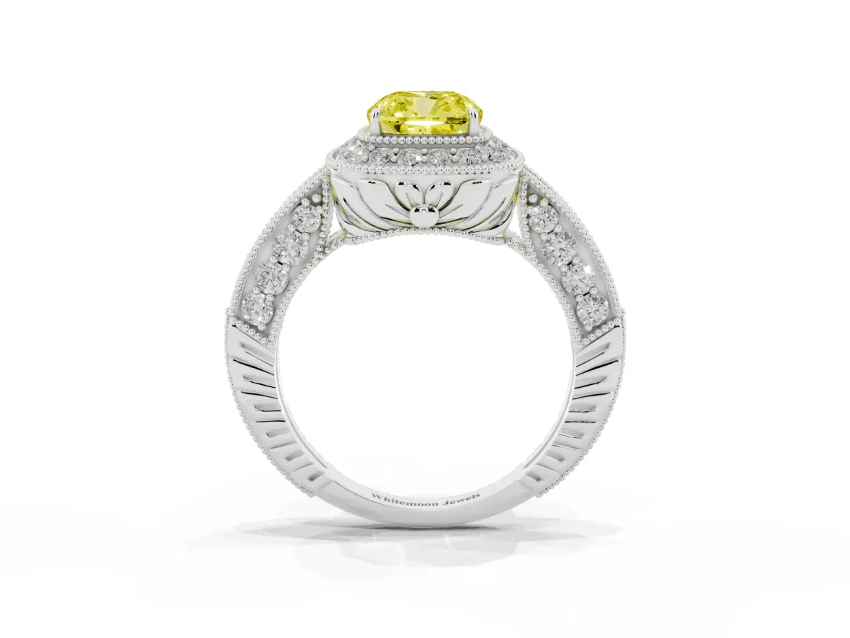 Fancy Yellow Cushion Cut Halo Diamond Split Shank Ring with Milgrain Detail Platinum