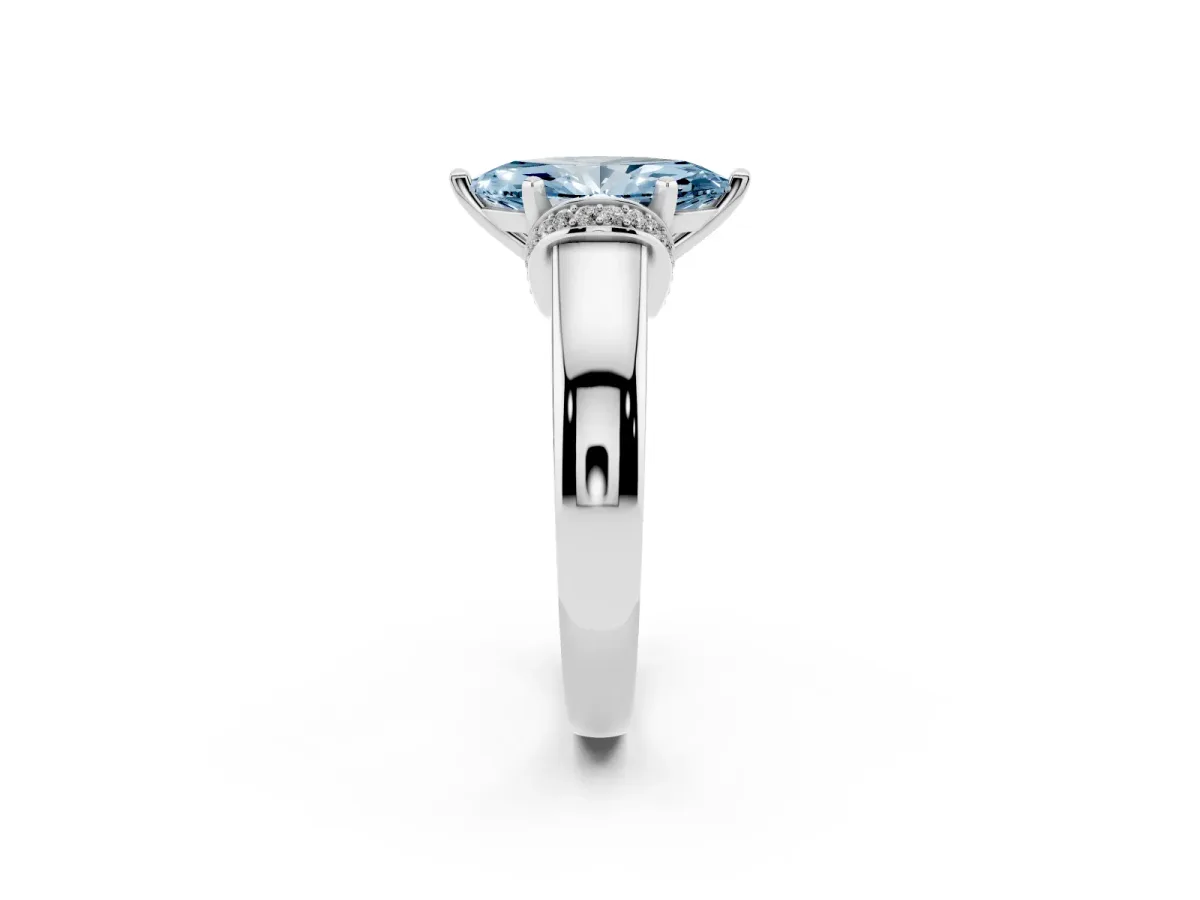 Fancy Blue Marquise Cut Solitaire Diamond Ring with Pave Band and Six-Prong Setting Silver