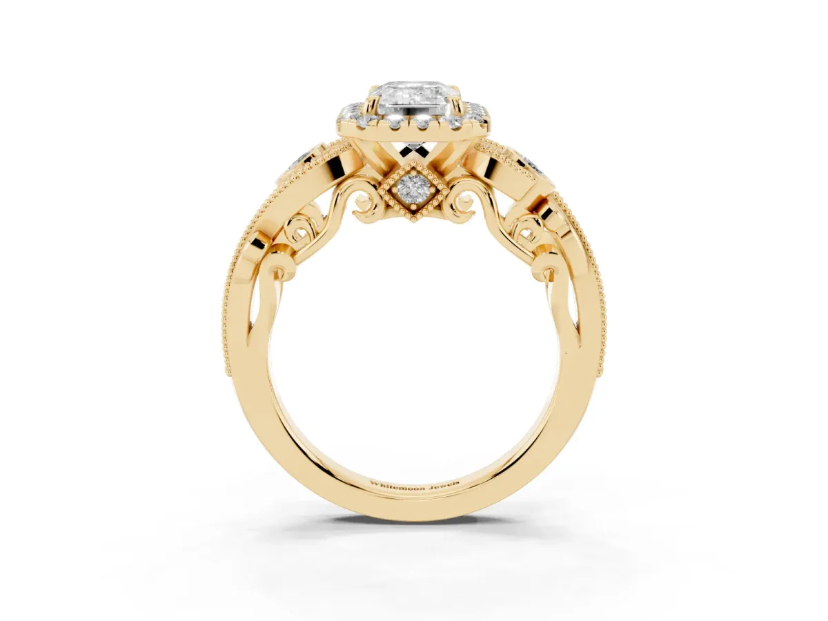Emerald Cut Diamond Halo Ring with Milgrain Pavé Band and Four-Prong Setting Yellow gold