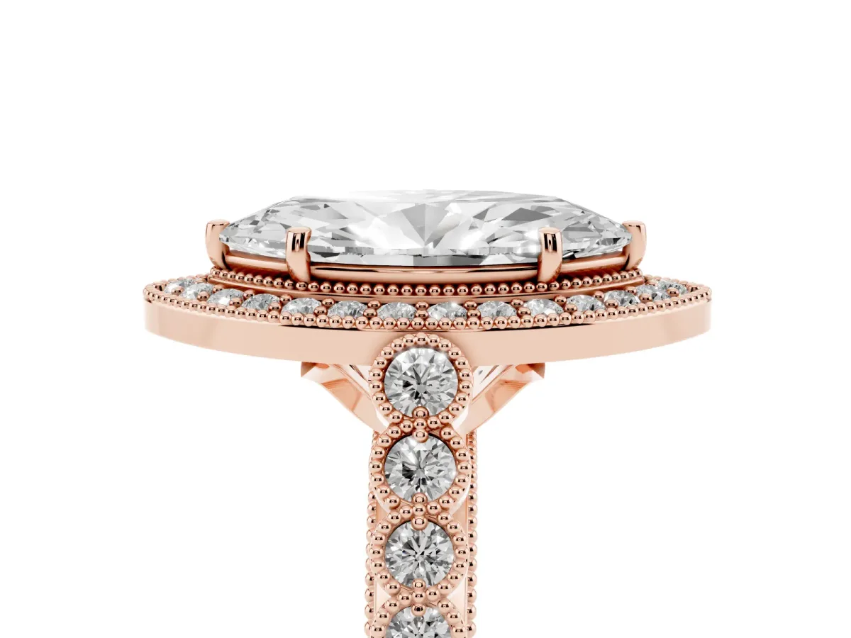 Marquise Cut Halo Milgrain Solitaire with Bezel Set Side Stones and Pave Band Rose gold