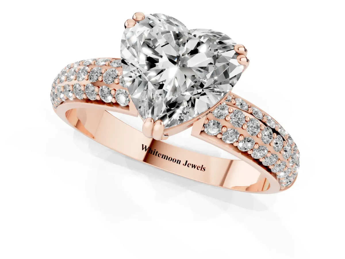 Heart Cut Diamond Solitaire Ring with Multi-Row Round Pavé Band and Prong Setting Rose gold
