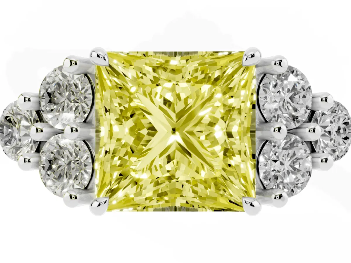 Fancy Yellow Princess Cut Brilliant Diamond Cluster Accent Solitaire Ring with Prong Setting Silver