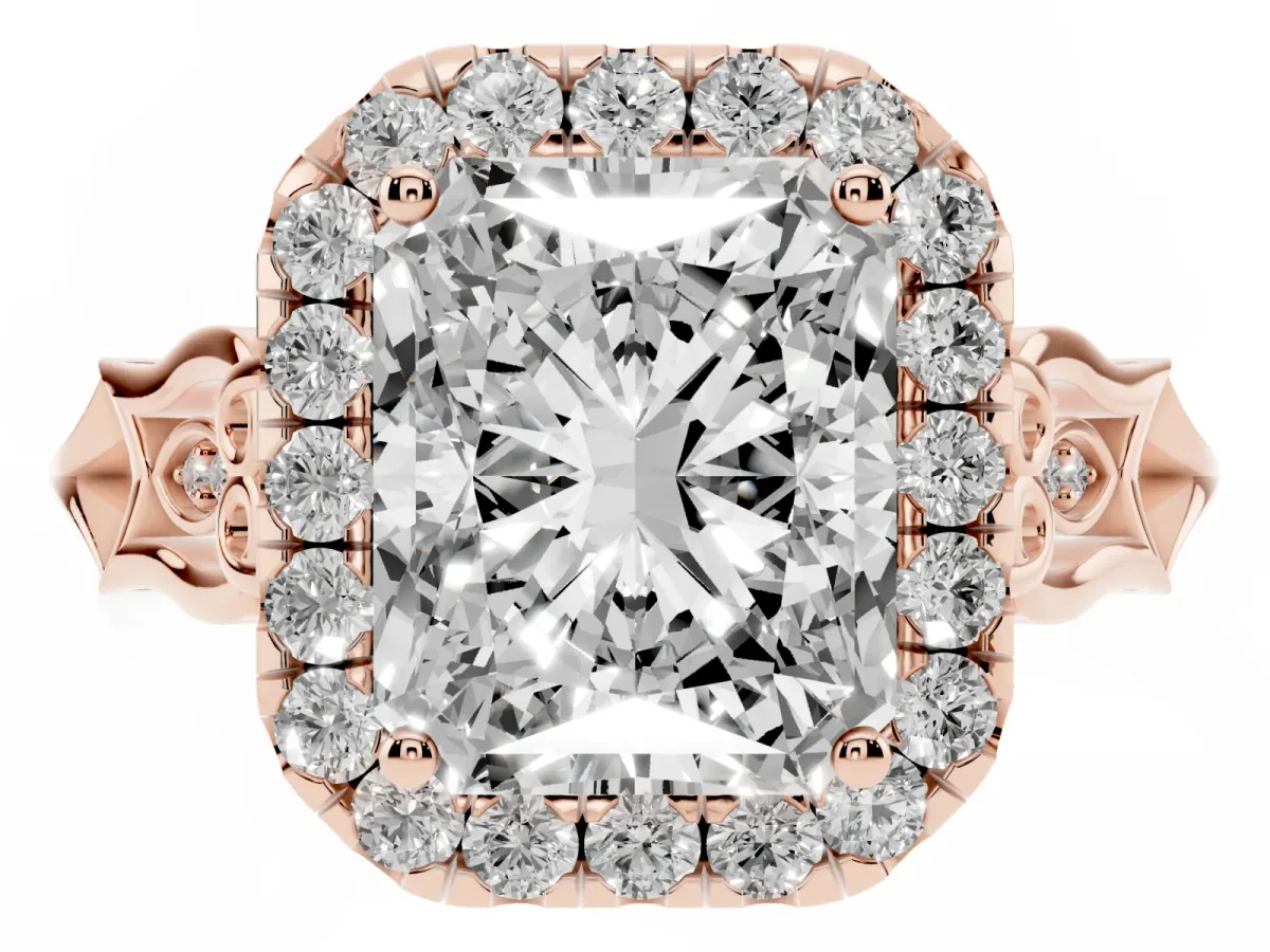 Radiant Cut Halo Diamond Engagement Ring with Filigree Band and Four-Prong Setting Rose gold