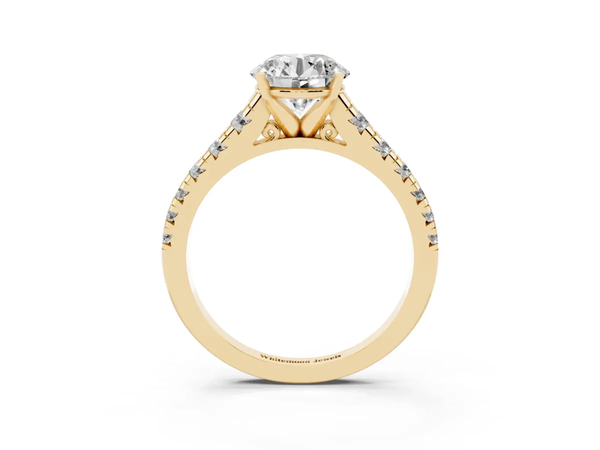 Round Cut Diamond Cathedral Solitaire Ring with Round Pavé Band Yellow gold