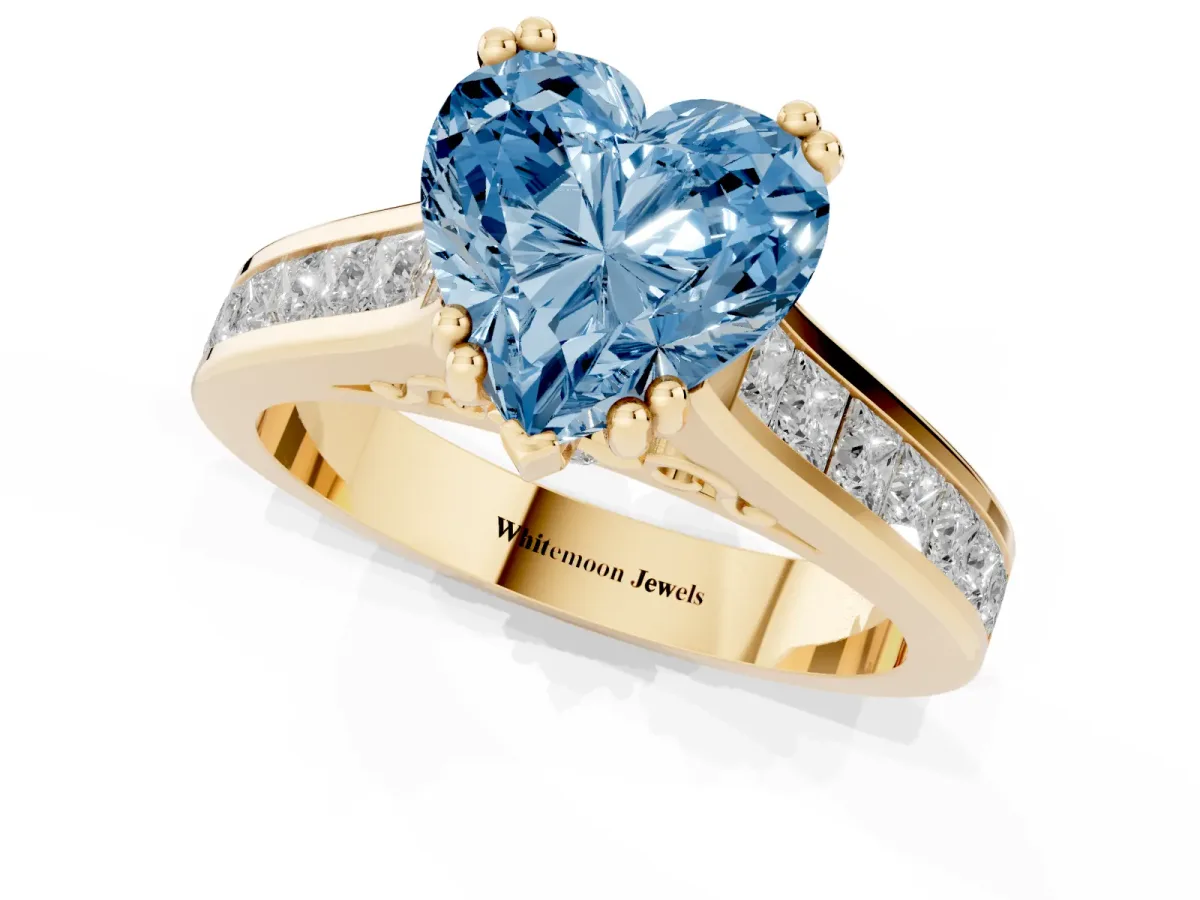 Fancy Blue Heart Cut Cut Channel Set Solitaire Engagement Ring with Prong Setting Yellow gold
